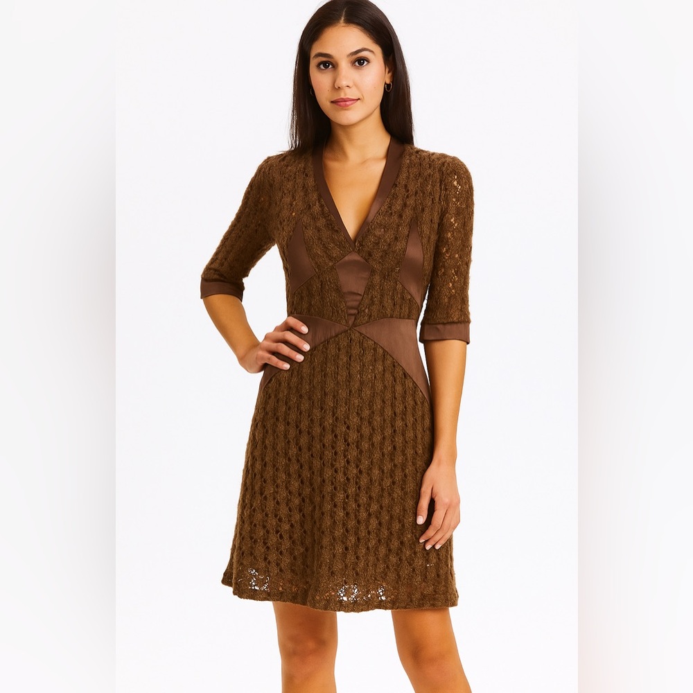 Dagg & Stacey Brown Lace & Satin Trim Quarter Sleeve Dress Size XS
